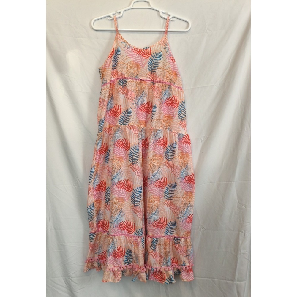 America & Beyond Tropical Palm Leaf Tiered Maxi Dress Pom Pom Hem Pink XL - Picture 1 of 9